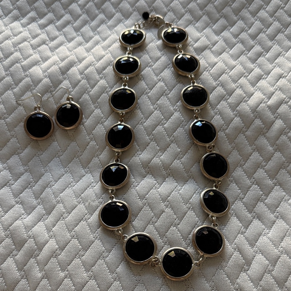 Black Stone Silver-Tone Necklace and Earring Set